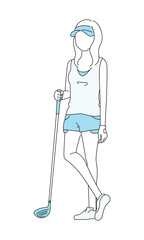 Fototapeta premium スポーツのゴルフのイラスト。カジュアルな格好の女性がゴルフクラブを持って立っている。