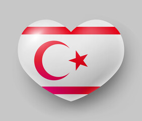 Heart shaped glossy national flag of Northern Cyprus. European country national flag button, Symbol of Northern Cyprus in patriotic colors realistic vector illustration on gray background