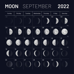 September lunar calendar 2022 y dark sky backdrop. Month cycle planner, astrology schedule template, lunar phases banner, poster, card design vector illustration