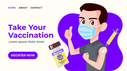 Landing web page template of Vaccination Registration. Modern flat design web banner of male take vaccine injection and showing thumb up. Syringe with needle and vaccine bottle floating around.