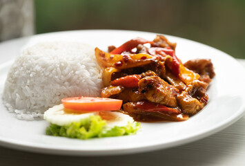 Close up Thai food with white Jasmine rice menu, stir-fried pork with traditional Thai Chili Paste or Moo Pad Prickpow in Thailand language.