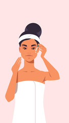 young woman applying eye drop dressed in towel girl with clean fresh skin skincare spa relax facial treatment concept portrait