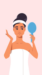 unhappy woman with acne problem looking in mirror dressed in towel girl facial treatment concept portrait