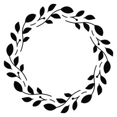 Vector hand drawn spring wreath isolated on white background. Silhouette circle of leaves. Doodle style. Floral frame.