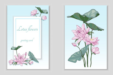 Vector card with pink lotus flowers and leaves on a blue background, Design template for greeting card, wedding invitation, party, cover, banner