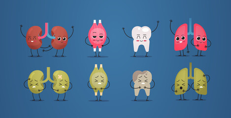 set unhealthy vs healthy mascot kidneys muscle tooth lungs characters human body internal organs anatomy concept horizontal