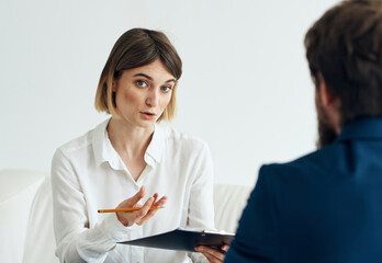 Obraz premium woman and man suit documents communication resume