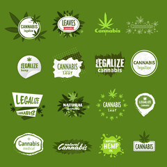 set medical cannabis or marijuana badges hemp legalize stickers collection drug consumption concept