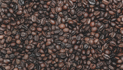 Coffee bean. Top view of full bean coffee. Coffee beans background. Coffee bean after roasting. Dark style coffee bean background