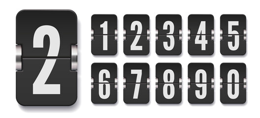 Set of flip score board numbers with shadows for black countdown timer or calendar isolated on white. Vector template for your design.