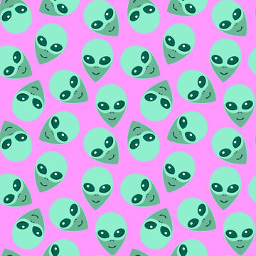 Seamless pattern with Aliens green heads. UFO, Humanoids endless backdrop isolated. Smiling visitors, Martians. Vector illustration, wallpaper on theme of space, conspiracy theory, Sci-fi, fantastic