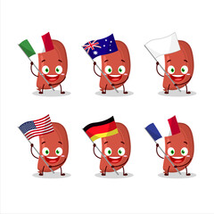Sausage cartoon character bring the flags of various countries