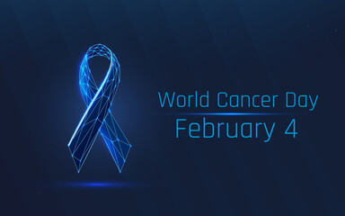Illustration 4 february world cancer day. Oncology is one of the worst diseases on the planet. The fight of the body and spirit. Medicine and hope.wireframe. plexus.dots.triangle. dark-blue background - obrazy, fototapety, plakaty