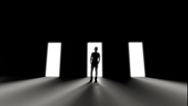 Man standing at three opening doors in darkness, light rays coming trough. Decision concept