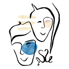 Abstract face line art. Couple and kissing man and women illustration. Female modern boho people composition. Watercolor splash textore blot.