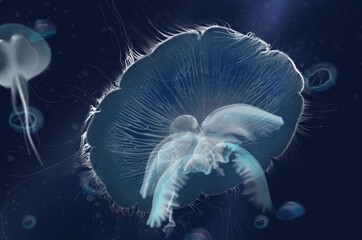 
huge jellyfish at the depth of the sea drawing