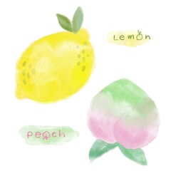 illustration of a fruit,lemon,peach by brush watercolor hand drawn.
