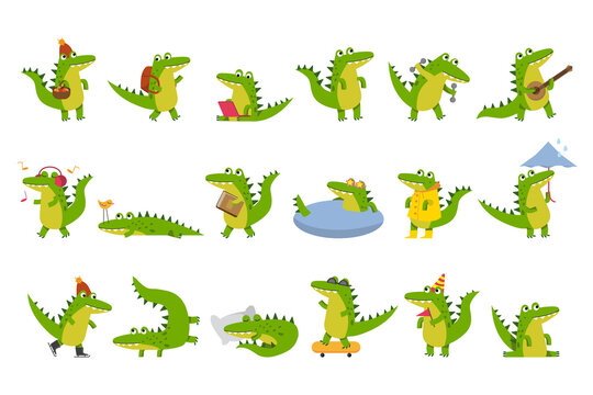 Cute Green Crocodile Engaged in Different Activities Vector Illustration Set