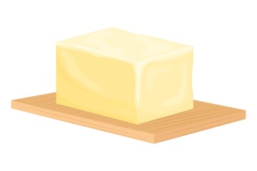 Brick of butter on wooden cutting board in cartoon style isolated on background. Slices of margarine or spread, fatty natural dairy product. Calorie food for cooking and eating, lanch