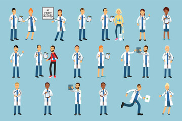 Man and Woman Doctors Wearing Medical Uniform and Stethoscope Checking X-ray Photograph and Consulting Patient Vector Illustrations Set