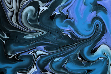 Abstract fluid art background navy blue and black colors. Liquid marble. Acrylic painting with lines and gradient.