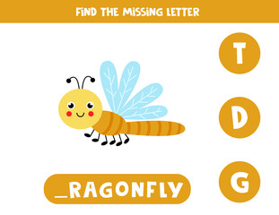 Find missing letter with cute dragonfly. Spelling worksheet.