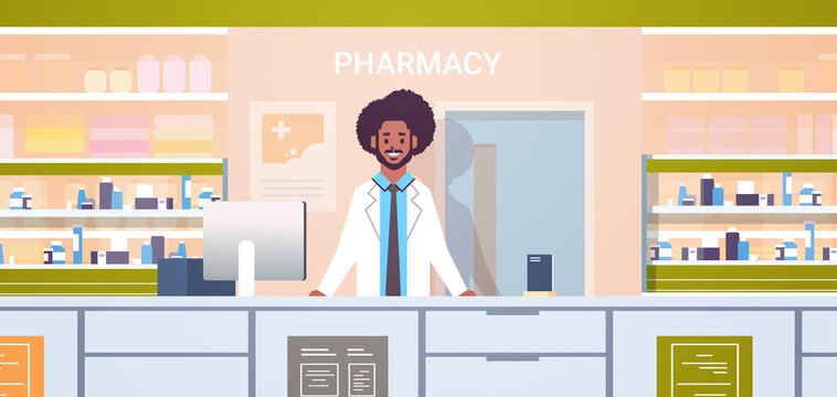 african american male doctor pharmacist standing at pharmacy counter modern drugstore interior medicine healthcare concept horizontal portrait
