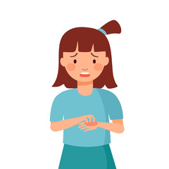 Girl children scratching hand suffering strong allergy skin itchy symptom in flat design. Red rash skin irritation.