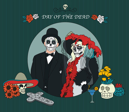 A man and a woman in colorful disguises on the day of the dead. hand drawn style vector design illustrations. 
