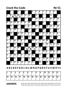 Crack the code crossword puzzle page with codebreaker (or codeword, or code cracker) word game. Large print. Family friendly. Two hints. 15x15 grid. Answer included.
