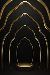 Ramadan islam 5 golden arch shaped mosque with podium black background card 3d illustration