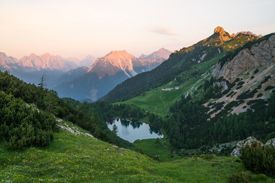 Beautiful alpine lake at sunset