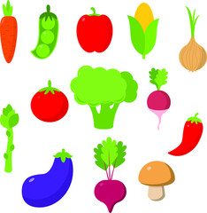 set of vector images of vegetables: carrots, corn, onions, beets, peas, broccoli, radishes, peppers, bell peppers, chili peppers, eggplant, mushrooms, asparagus. Healthy food