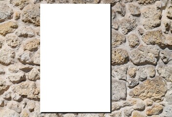 Blank white sheet of paper leaning at stone wall template mockup