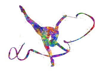 Rolgordijnen Rhythmic gymnastics watercolor art, abstract painting. sport art print, watercolor illustration rainbow, colorful, decoration wall art. © Yahya Art