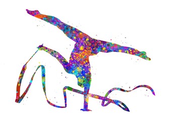 Rhythmic gymnastics tape dance watercolor art, abstract painting. sport art print, watercolor illustration rainbow, colorful, decoration wall art.