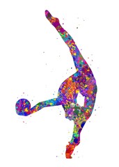 Rhythmic gymnastics watercolor art, abstract painting. sport art print, watercolor illustration rainbow, colorful, decoration wall art.