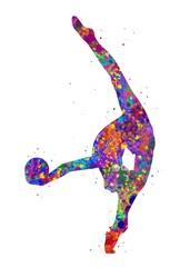 Obraz premium Rhythmic gymnastics watercolor art, abstract painting. sport art print, watercolor illustration rainbow, colorful, decoration wall art.
