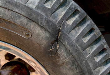 close up of worn and damaged on tire surface, Shoulder Wear,dangerous,