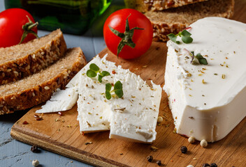 feta cheese with whole grain bread and tomatoes on a cutting board