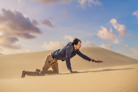 The person overcomes difficulties and aspires to the purpose and dream. A man overcomes difficulties in life as if in a desert