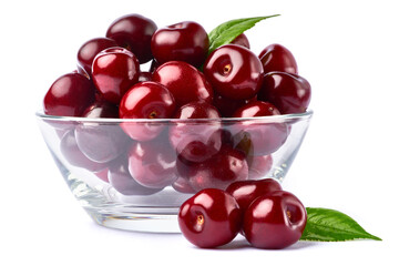 glass bowl of sweet cherry fruits isolated on white background