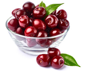 glass bowl of sweet cherry fruits isolated on white background