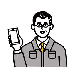 作業服　男性　ミドルエイジ 　スマホ　スマートフォン　携帯電話　携帯　ポップ　手描き
