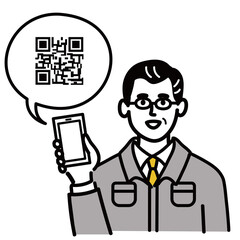 作業服　男性　ミドルエイジ 　スマホ　スマートフォン　携帯電話　携帯　QRコード　ポップ　手描き
