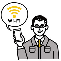 作業服　男性　ミドルエイジ 　スマホ　スマートフォン　携帯電話　携帯　wifi　ポップ　手描き
