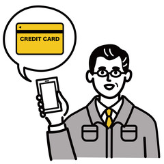 作業服　男性　ミドルエイジ　スマホ　スマートフォン　携帯電話　携帯　クレジットカード　ポップ　手描き
