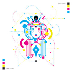 Linearne przedstawienie zawodu projektanta w kolorach RGB. Kobieta projektant, praca pasja © Loony Rabbit