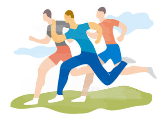 
Runners, joggers,healthy lifestyle activity .
Stylized  Illustration with three runners runing on a grass. Vector available.