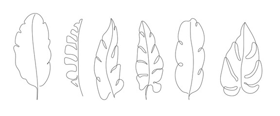 Vector Set of Hand Drawn Line Art Tropical Leaves. Palm Leaves Continuous One Line Drawing. Art Floral Elements Set. Good for T-shirt and Wall Art Prints, Logos, Cosmetics. 